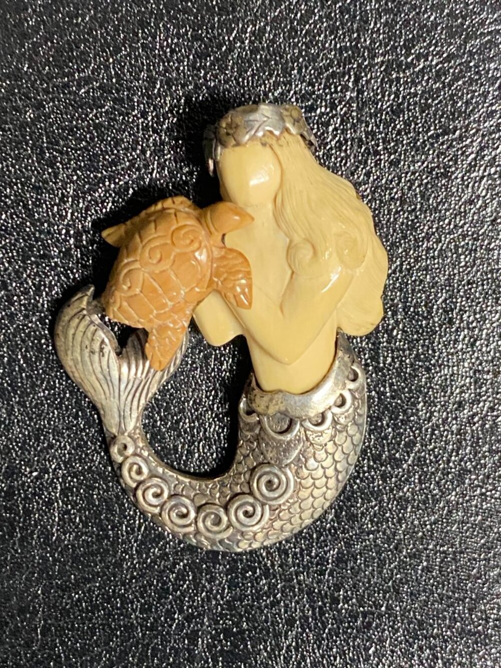 Zealandia Designs .925 Sterling Silver & Carved Ivory Mermaid with Turtle Brooch